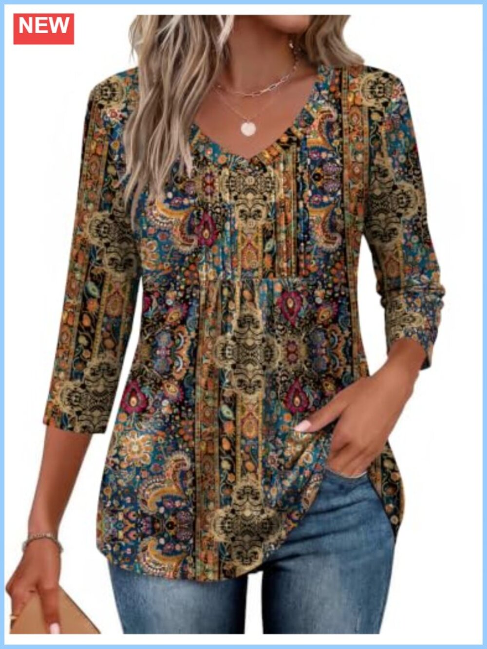 Ekouaer 3/4 Sleeve V Neck Pleated Blouse Loose Fit Casual Top